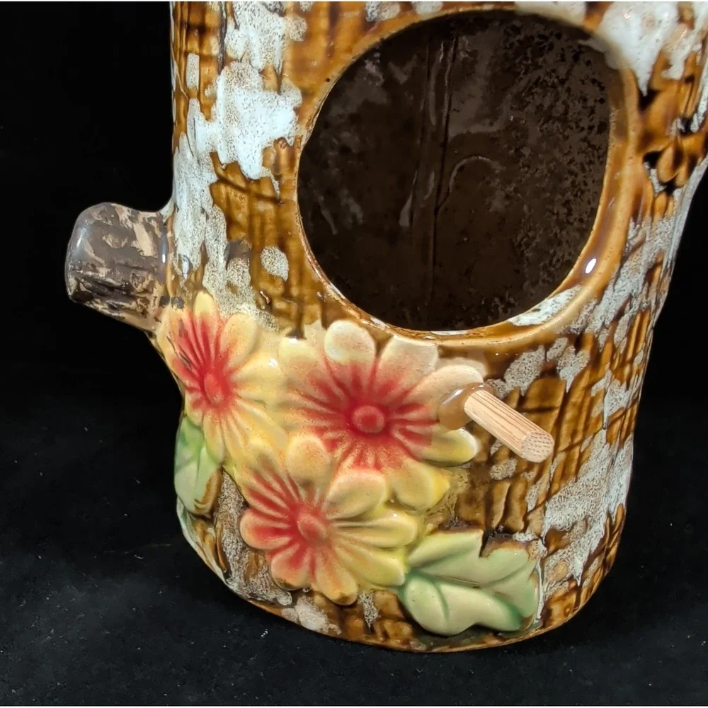 Cute Decorative Hanging Ceramic Birdhouse Floral Daisies Tree Trunk Drip Glaze